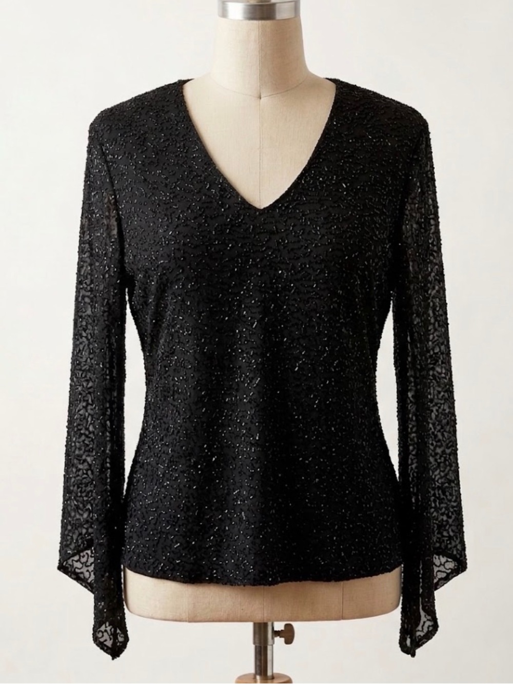 Beaded Black V-Neck Long Sleeve Top Special Social Formal Evening Blouse M JKARA
